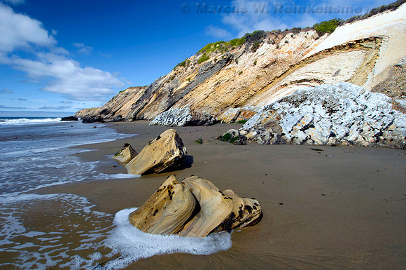 Sandy shoreline shape by Pacific Ocean waves at Gaviato State Park, California, access from the Pacific Coast Highway.