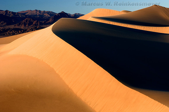 Dramatic sand dune formations flanked by the Panimint Mountains, at Mesquite Flat Dunes in Death Valley National Park.