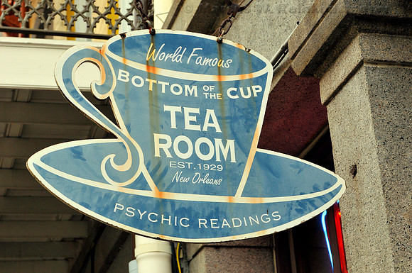 Sign for the Bottom of the Cup Tea Room and psychic readings, located in New Orleans, Louisiana.