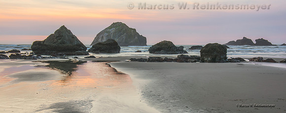 Receding Tide at Dusk,  Bandon Beach, Oregon 1 pano web warm