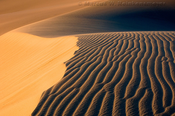 Ripples, blowouts and drifting sand accentuated by sunset shadows at Mesquite Flat Dunes, Death Valley National Park, California.