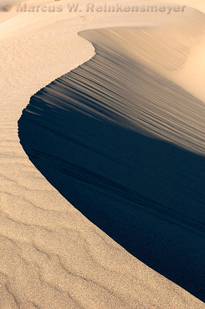 Ripples, blowouts and drifting sand accentuated by sunset shadows at Mesquite Flat Dunes, Death Valley National Park, California.