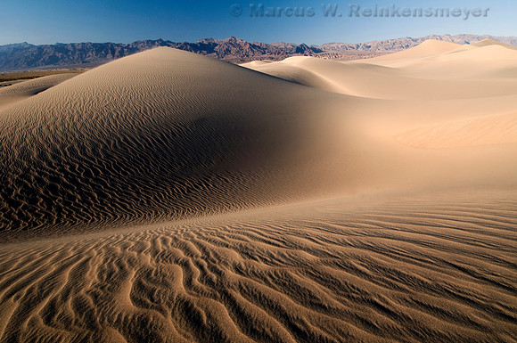 Sand dune ripples and nature's patterns in the Mesquite Flat Dunes, Death Valley National Park, California.