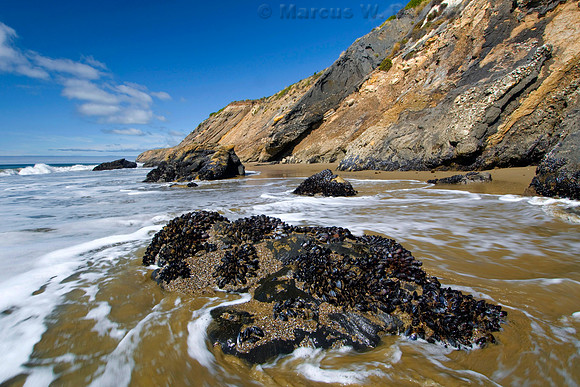 Sandy shoreline shape by Pacific Ocean waves at Gaviato State Park, California, access from the Pacific Coast Highway.