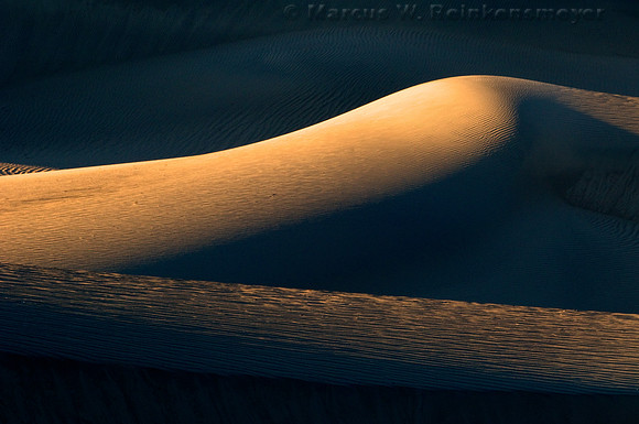 Warm sun rays and long shadows create a visual delight at Mesquite Flat Dunes, a large expanse of dunes in Death Valley National Park, California.