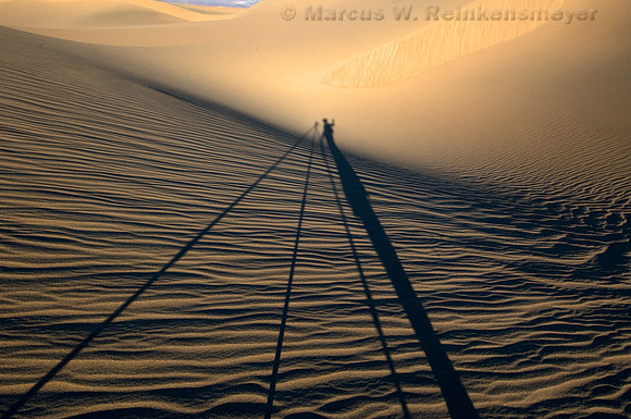A photographer's self portrait created by long evening shadows cast on the Mesquite Flat Dunes, Death Valley National Park,  California.