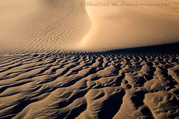 Sand dune ripples and nature's patterns in the Mesquite Flat Dunes, Death Valley National Park, California.